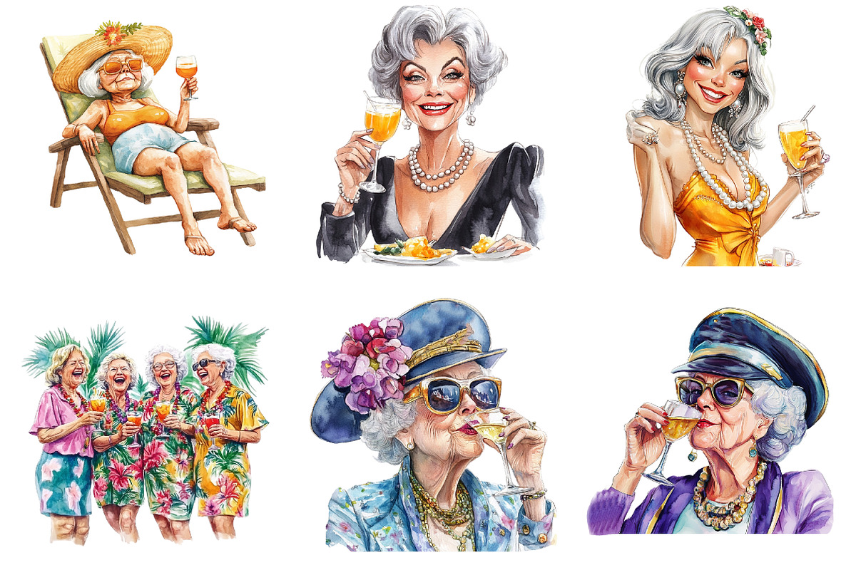 Funny Watercolor Old Lady Cruise Cli, an Illustration by DreamArtGraphic (Photo 5 of 8)