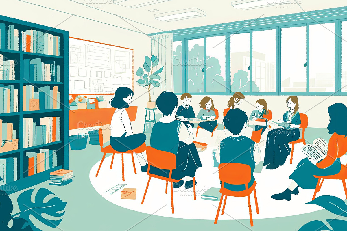 Elementary school creativity class with children and teacher, an Illustration by AS photostudio