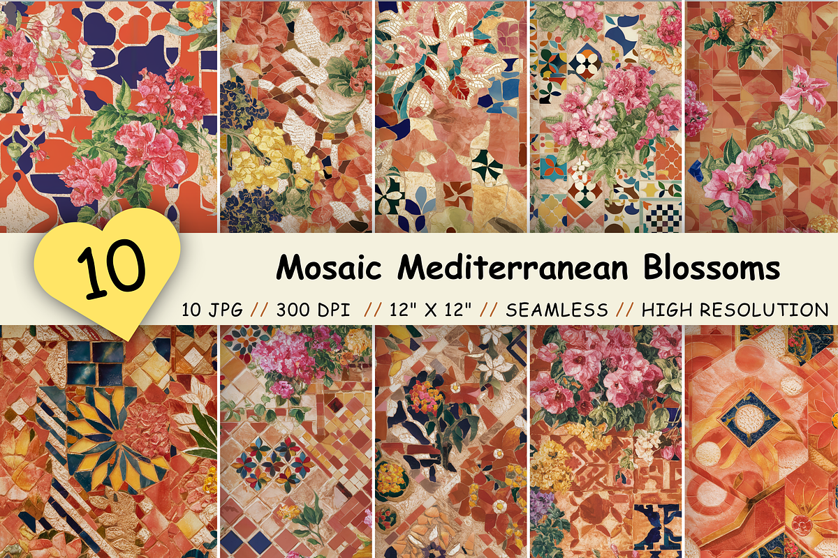 Mosaic Mediterranean Blossoms, a Pattern Graphic by FloridPrintables (Photo 1 of 7)