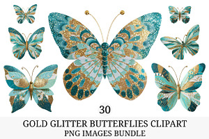 Gold Glitter Butterflies Clipart, an Illustration by Craft Nest
