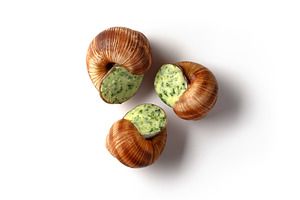 Three escargots filled with creamy herb butter, arranged on a cl, a Food & Drink Photo by Ales Munt