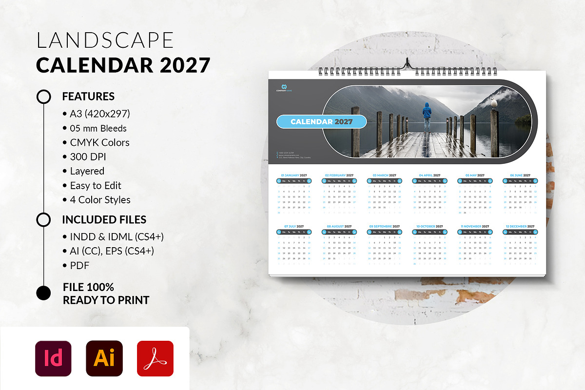 Landscape Calendar 2027 Template, a Stationery Template by MstArtwork (Photo 1 of 5)