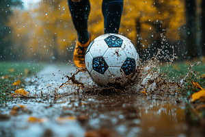 Exciting soccer game played in a rai, a Photo by Tanuart