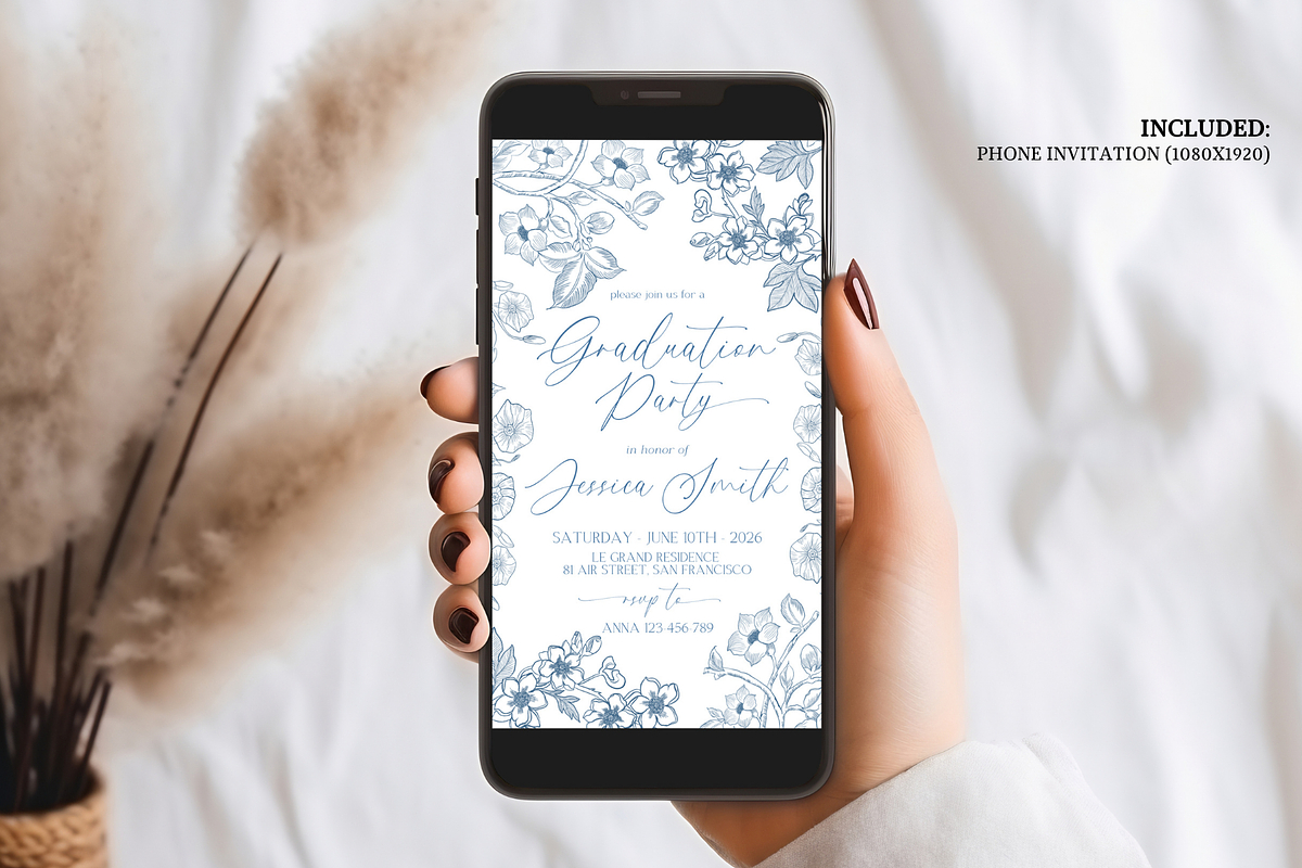 Dusty Blue Floral Graduation Evite, an Invitation Template by Digital_Mind (Photo 2 of 3)