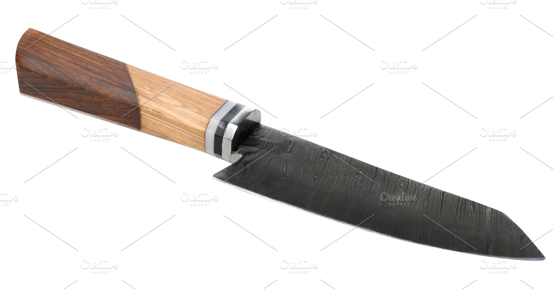 Knife with a dark, textured blade and a wooden handle featuring, a Food & Drink Photo by ndanko