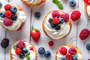 Flat lay of tasty cupcakes with butter cream and ripe berries on wooden table, a Food & Drink Photo by AlyaAnd