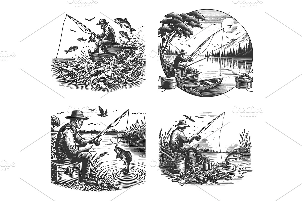 Fisherman engraving set vector, a Person Illustration by AlexArt