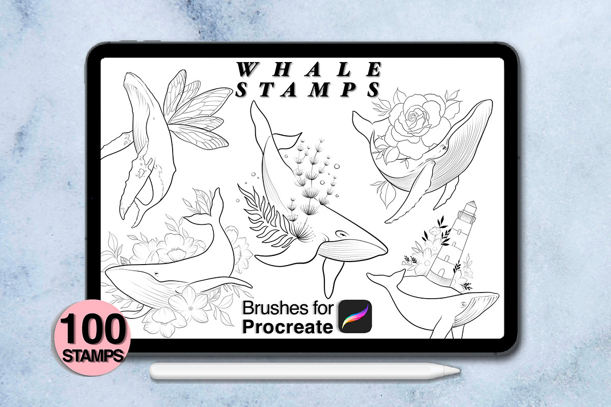 100 procreate whale stamps, a Brush Add-On by Arts For Peace (Photo 4 of 9)