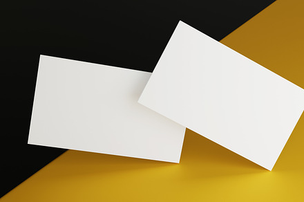 White business card mockup stacking on yellow black color table, a Business Photo by Ministocker