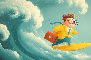 Cartoon businessman with glasses surfing giant teal waves on yel, an Abstract Photo by José Manuel Gelpi