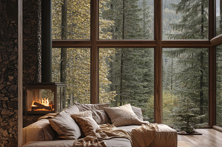 Cozy Living Room, Rainy Forest View, an Architecture Photo by Virgo Studio