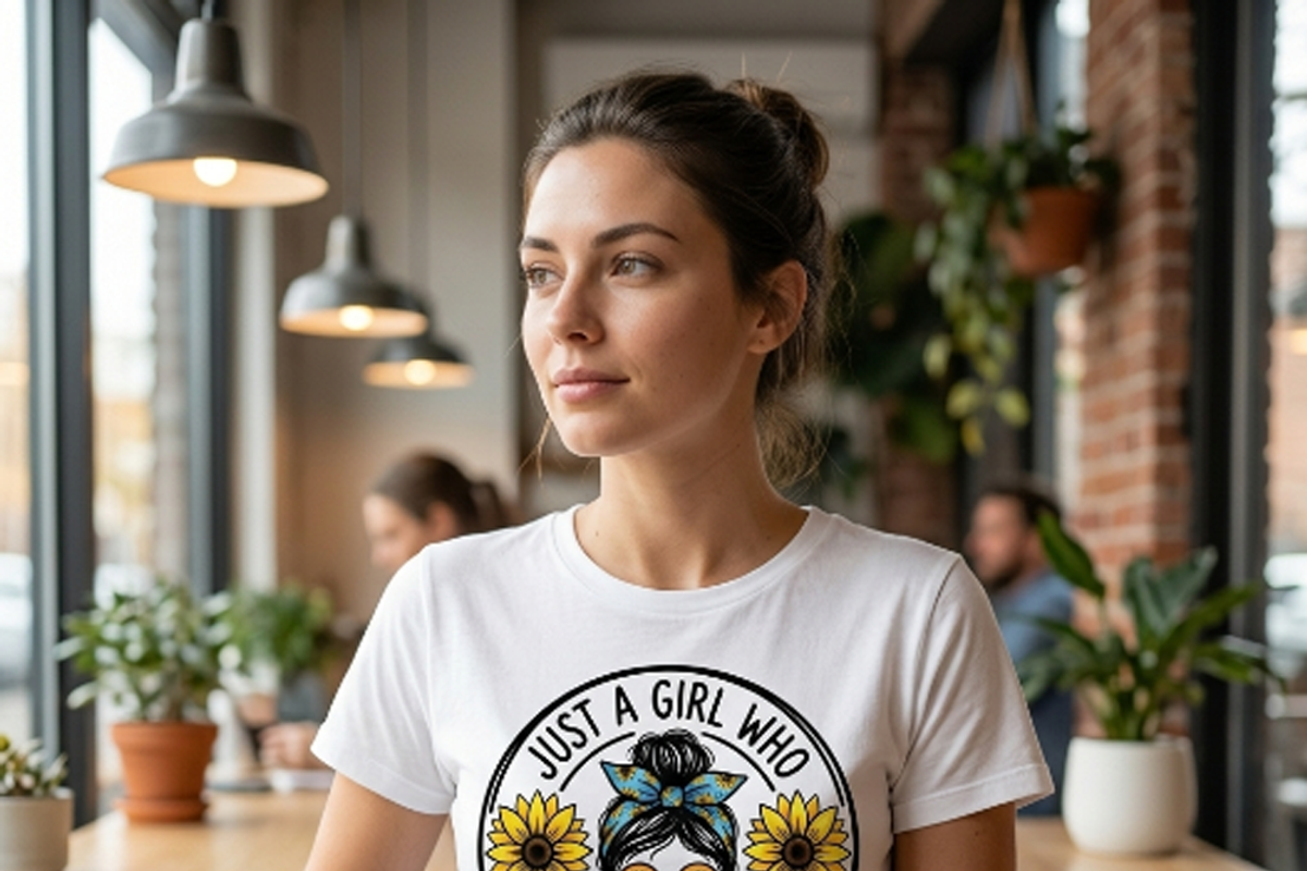 Just A Girl Who Loves Sunflowers PNG, a Shirt Mockup by Vector Stall (Photo 4 of 15)
