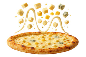 A cheese pizza topped with various, a Food & Drink Photo by Sergey Kotenev