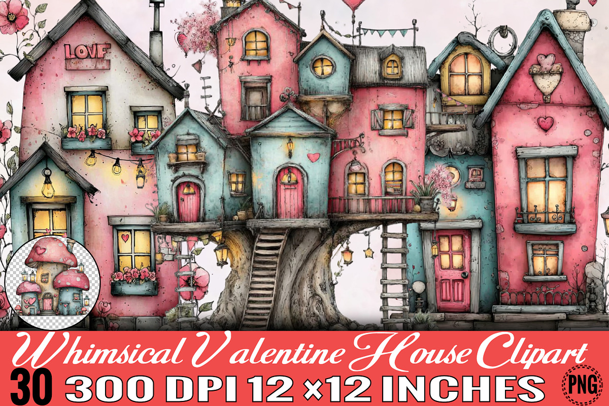 Whimsical Valentine House Clipart, an Illustration by SVGArt (Photo 1 of 8)