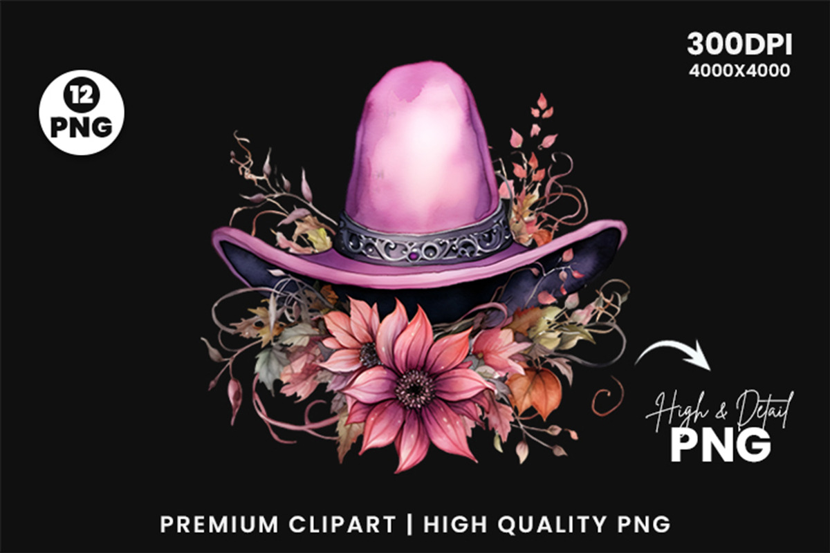 Watercolor Pink Witch Hat PNG Bundle, a Seasonal Illustration by Creative Arslan (Photo 5 of 6)