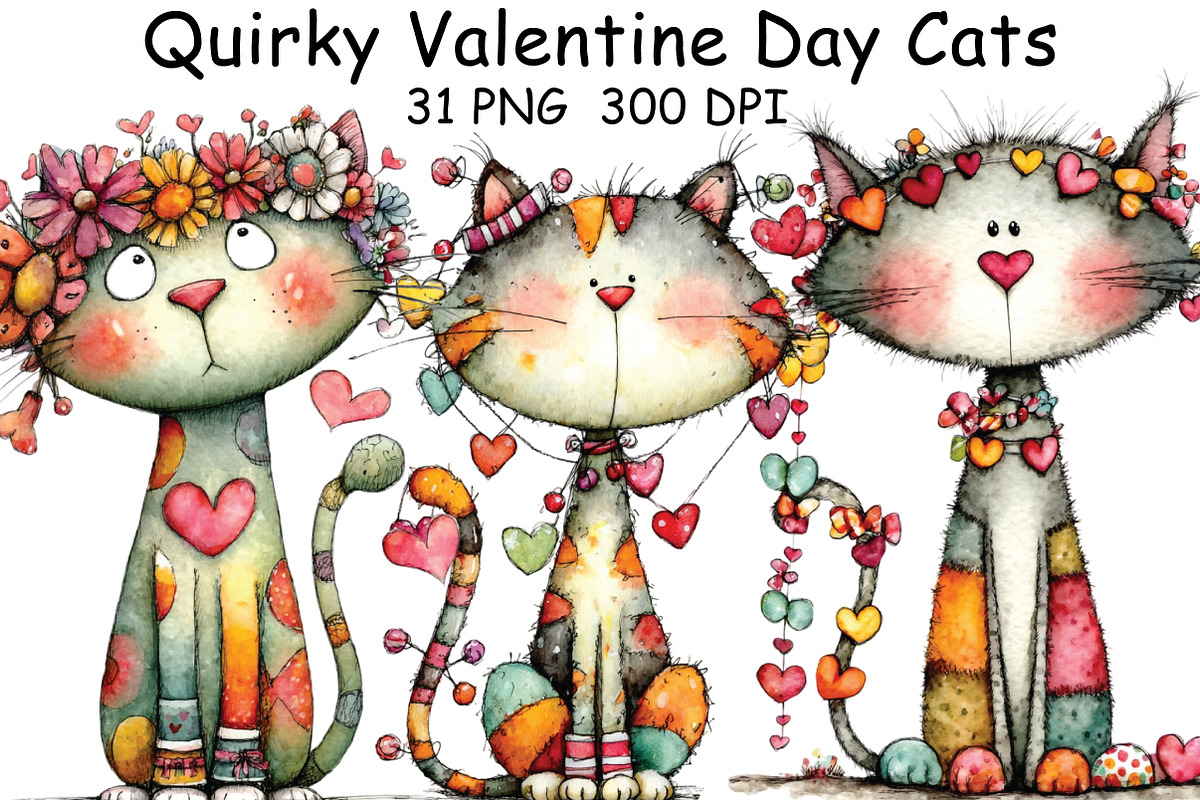 Quirky Valentine Day Cats Clipart, an Illustration by CraftArtStudio (Photo 1 of 6)
