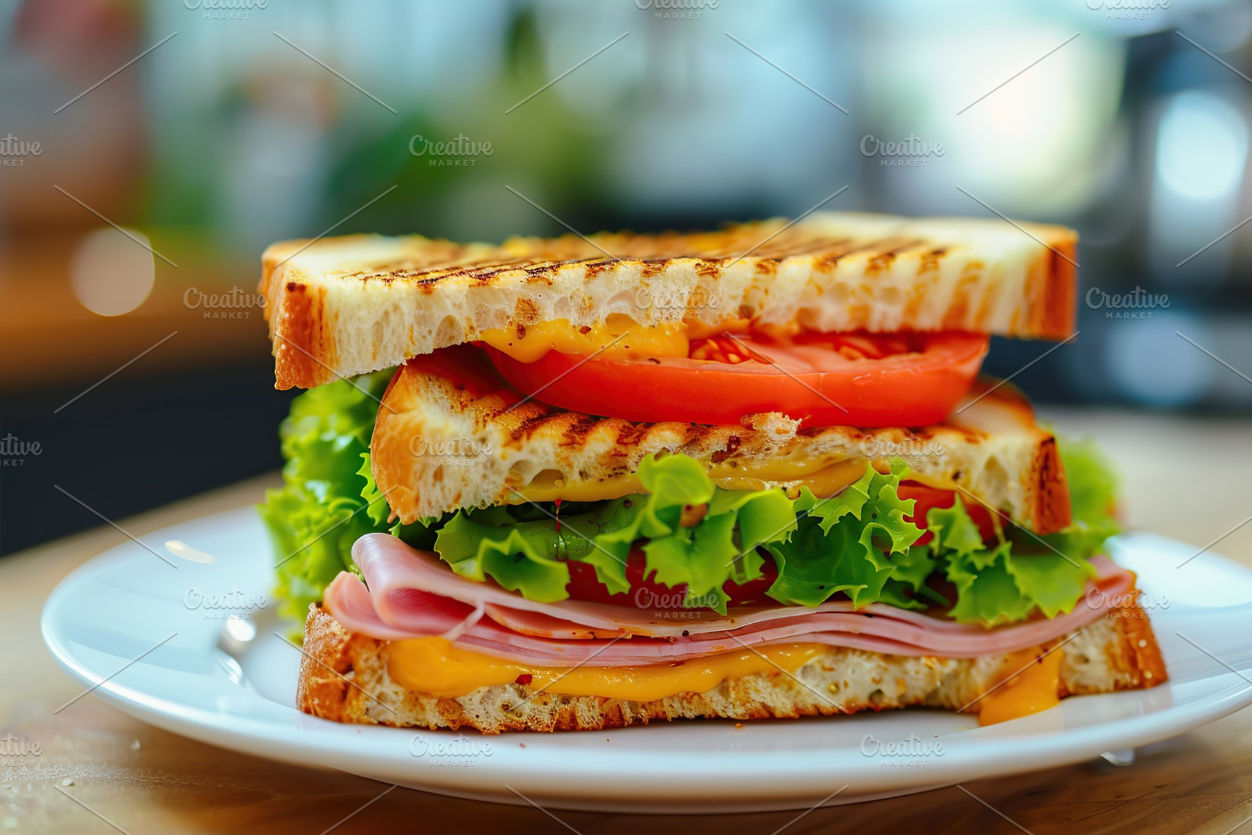 Toast sandwich with cheese, turkey ham, tomato and fresh lettuce on wooden tabl, a Food & Drink Photo by AlyaAnd