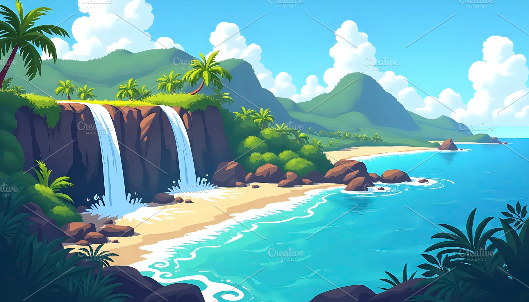 Island With Waterfall Flowing Into O, a Photo by LOGOCREATIVE