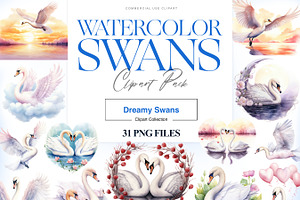 Watercolor Swan Clipart, White Swans, an Animal Illustration by BrushstrokeArtGB