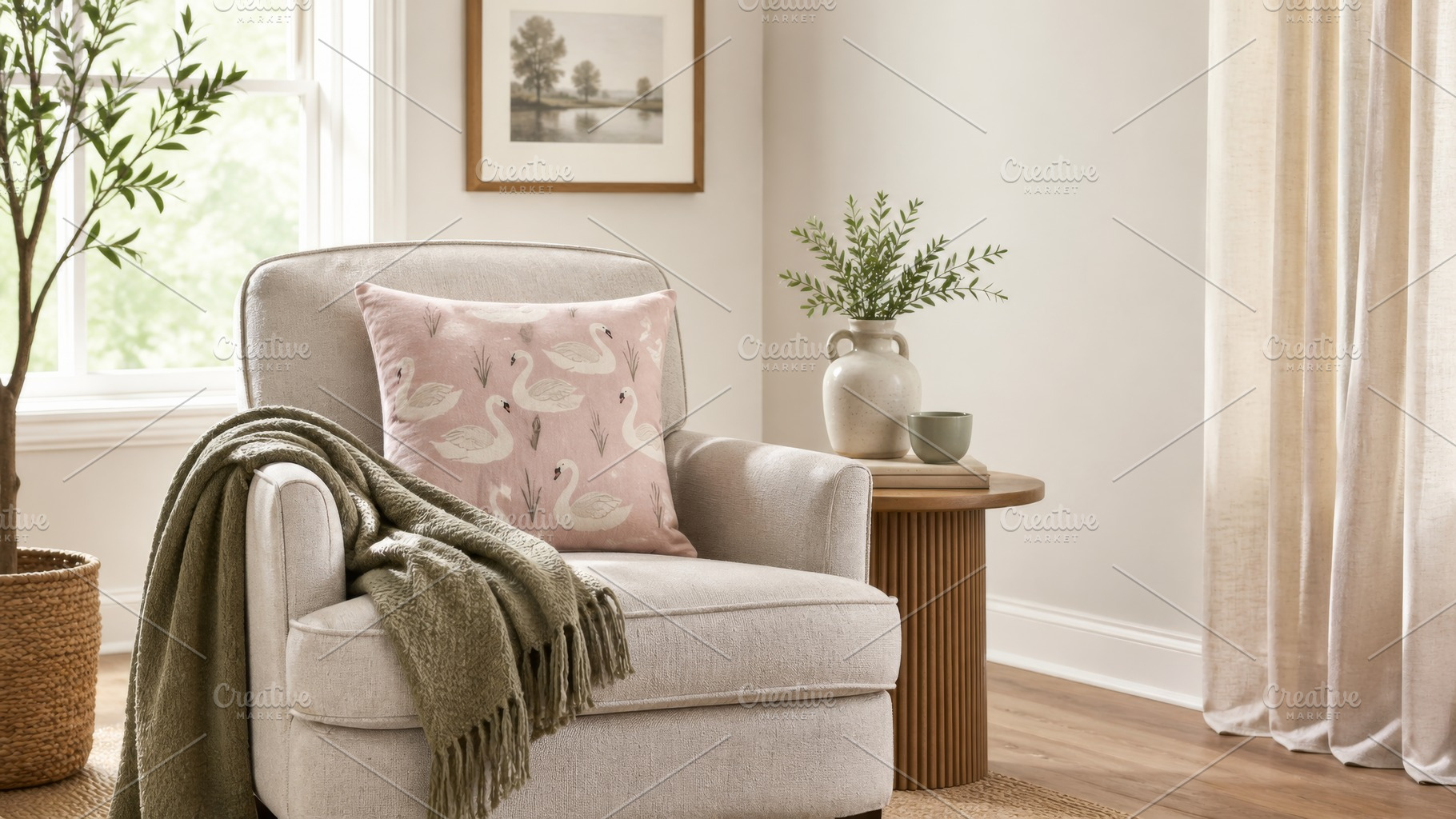 Cozy living room with swan decor pil, a Photo by Dvoevnore photos