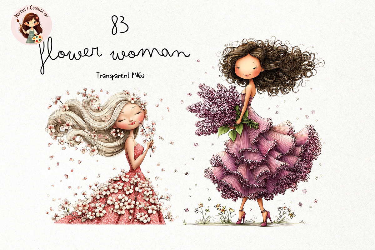 Flower Woman Watercolor Clipart, a Person Illustration by Nicolle's Colorful Art (Photo 1 of 8)