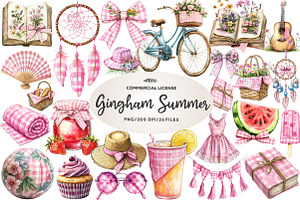 Bohemian Pink Gingham Summer Clipart, an Illustration by CreationArt