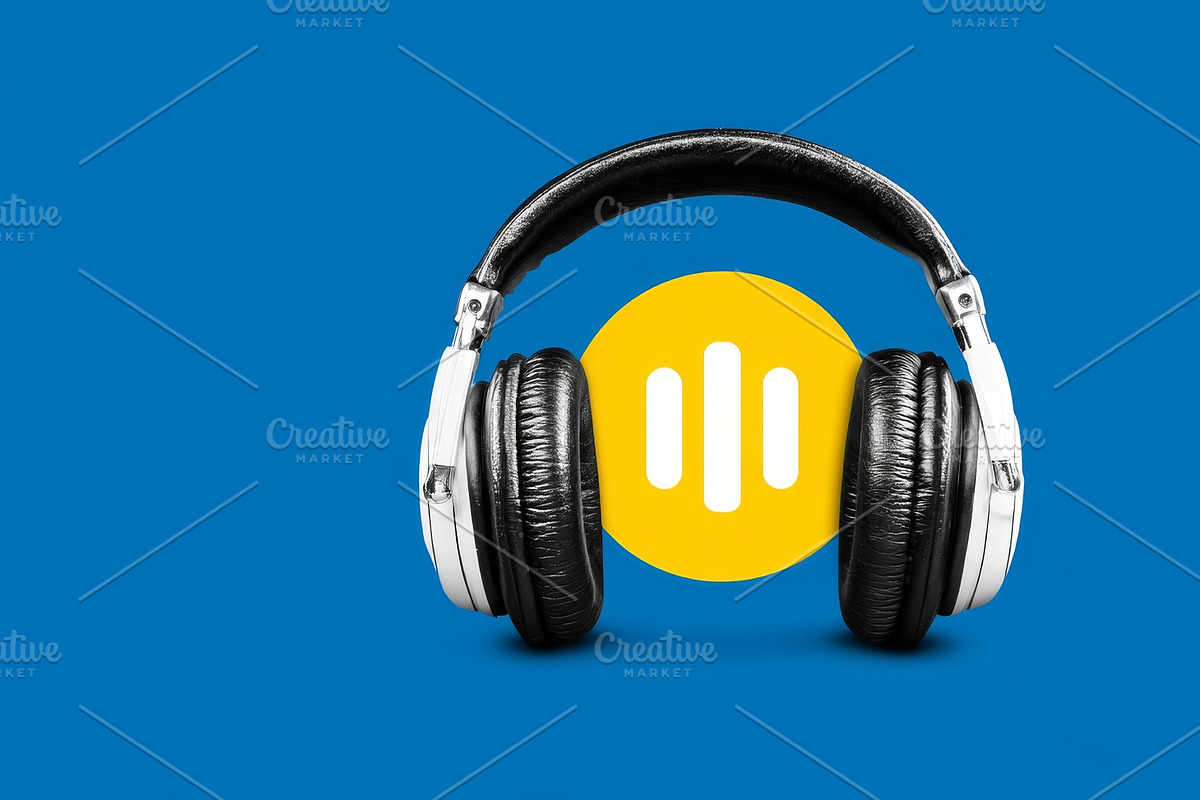 Headphones over a yellow logo on a blue background, music and audio studio conc, an Illustration by AS photostudio