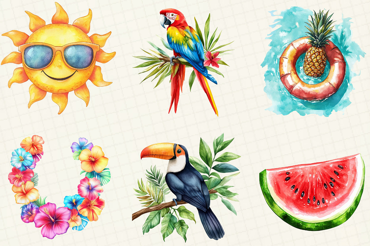 Watercolor Tropical Summer Clipart, an Illustration by OK Design (Photo 2 of 5)