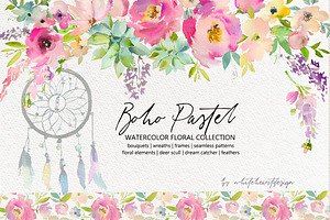 Boho Pastel Watercolor Flowers Set