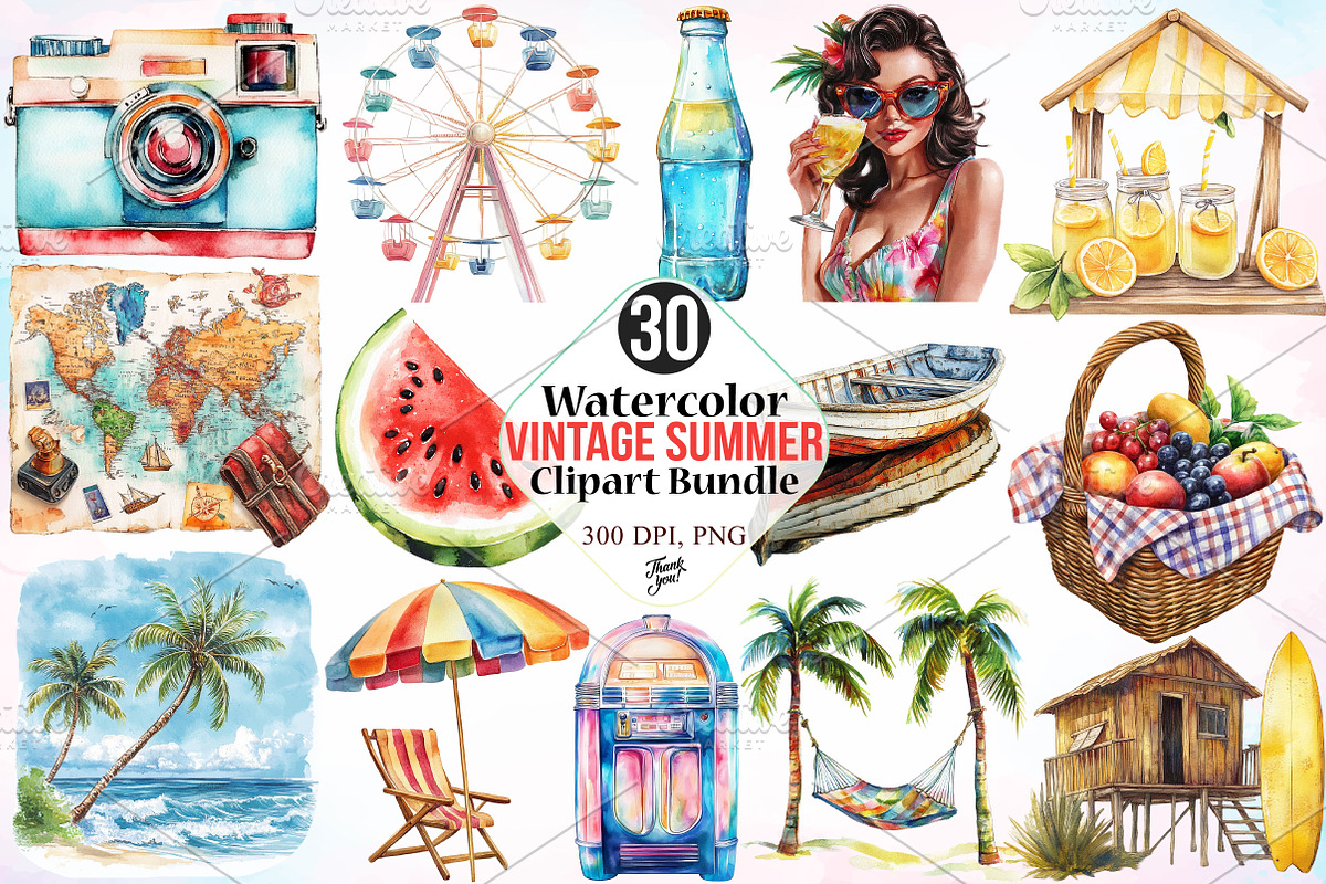 Watercolor Vintage Summer Clipart, an Illustration by Canvas Craft (Photo 1 of 4)