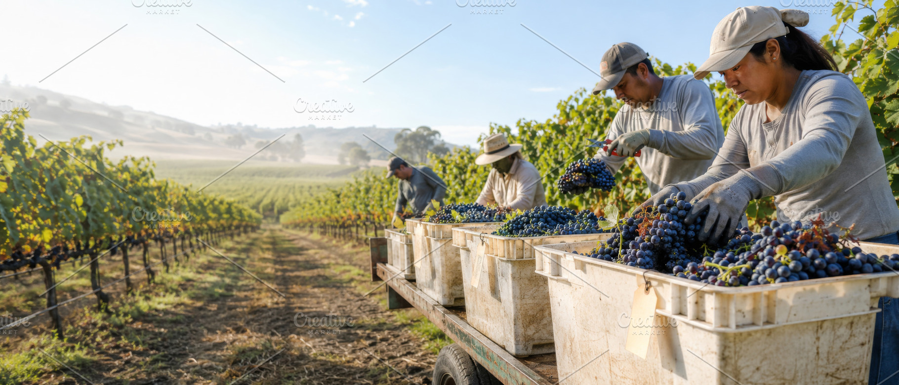 Grape harvesting workers in vineyard, a Photo by Dvoevnore photos