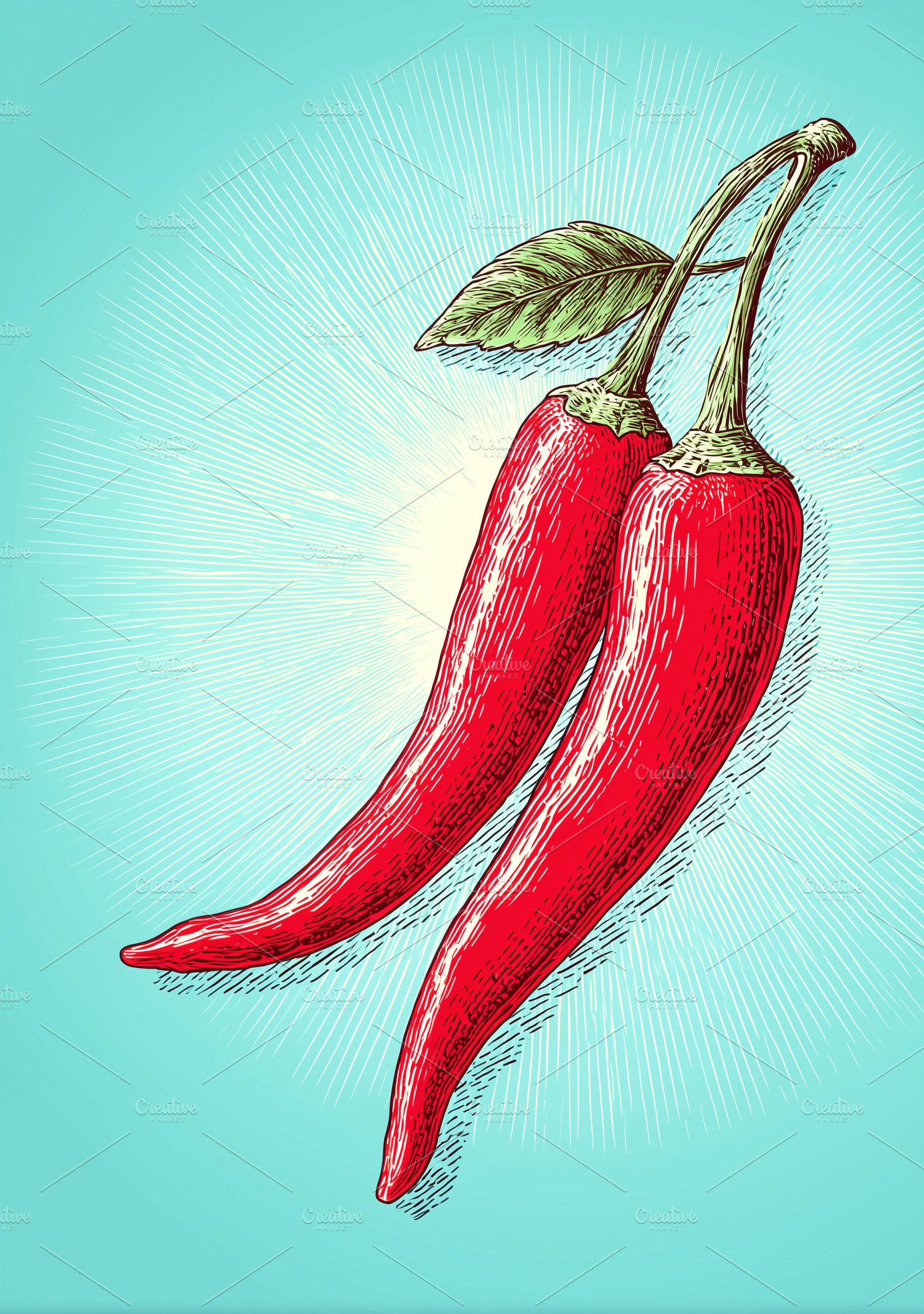 Vintage red chili peppers with green, a Food & Drink Photo by MistyDay