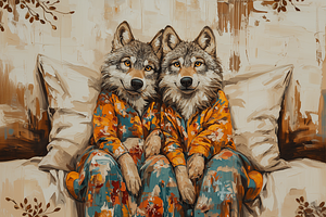 Wolves in Pajamas Rustic Print, an Animal Illustration by Art Paradise Studios