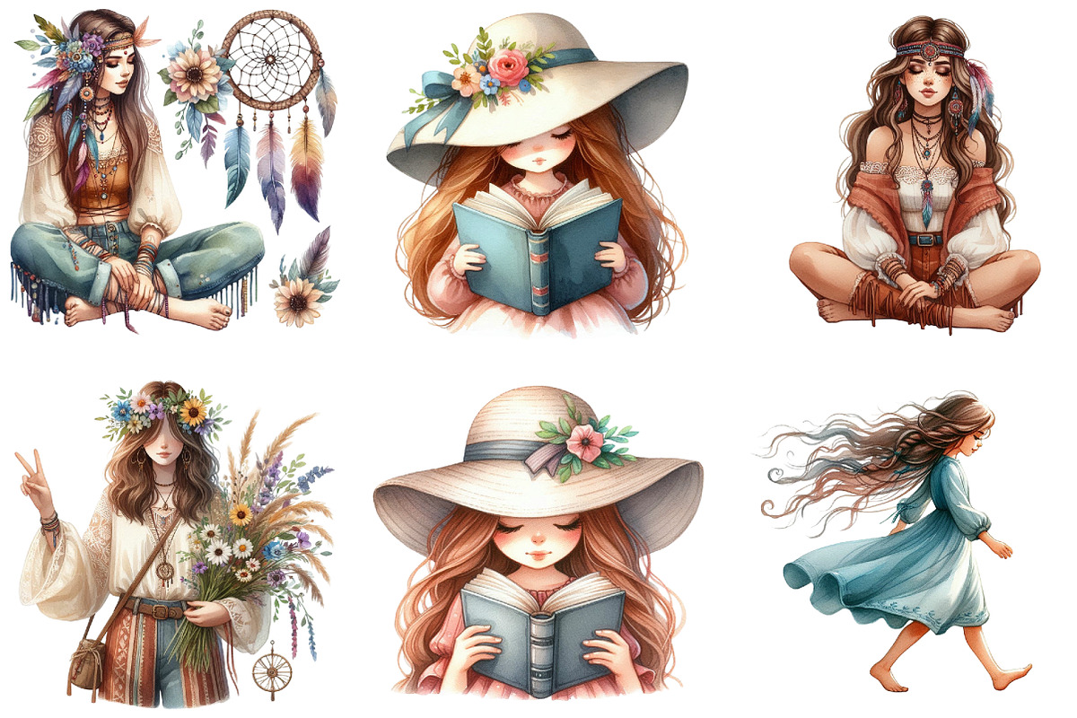 Watercolor Boho Girls Clipart, an Illustration by DreamArtGraphic (Photo 3 of 5)