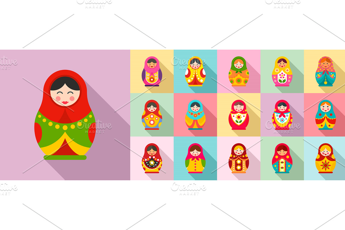 Nesting doll icon set, flat style, an Illustration by Ylivdesign