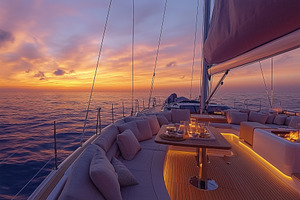 A luxurious yacht deck at sunset, featuring a spacious seating area with plush, a Technology Photo by Textures & Backgrounds