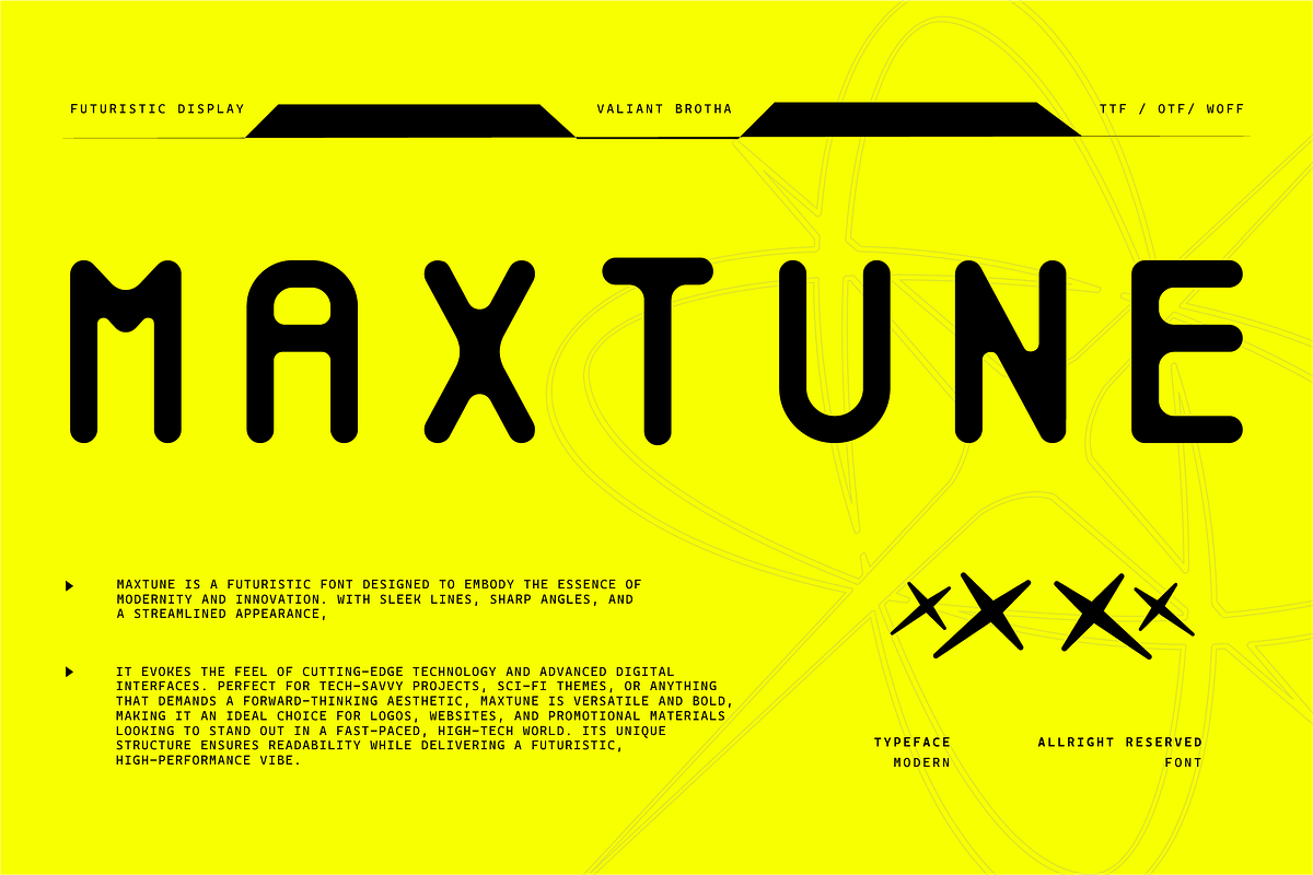VB Maxtune - Futuristic Display Font, a Sans Serif Font by VALIANTBROTHA (Photo 1 of 11)