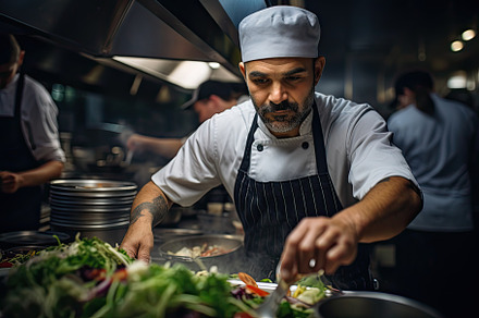 professional chef in a restaurant ki, a Photo by SaroStock