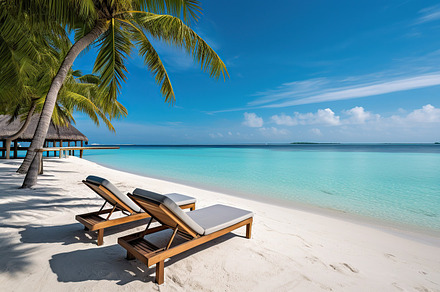 Deck chairs on sandy beach near palm trees. Generative AI, a Nature Photo by AlyaAnd