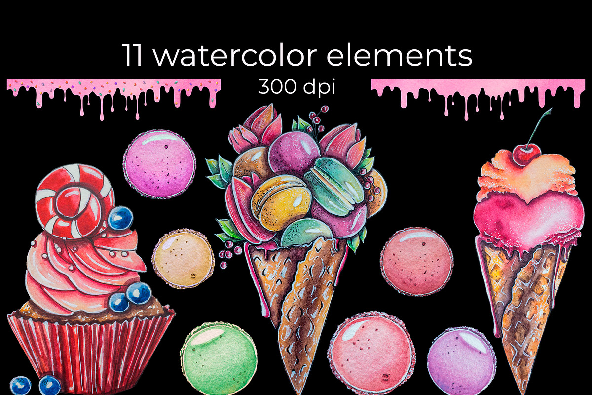 Ice Cream watercolor clipart, a Food Illustration by AnastasiaWatercolor (Photo 3 of 8)