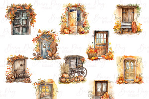 Watercolor Autumn Doors Clipart