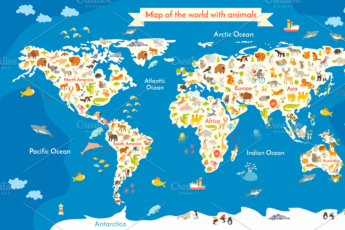 Map of the World with animals., an Animal Illustration by Rimma