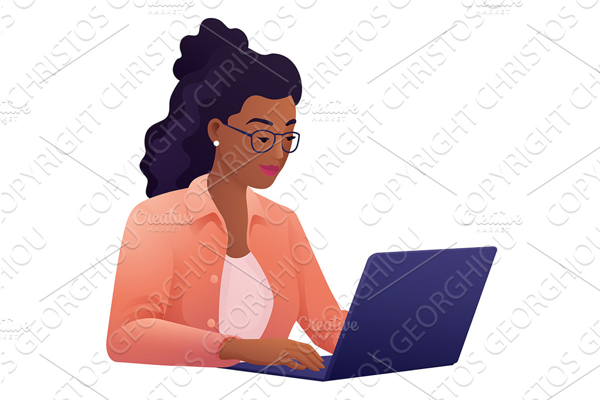Woman Using Laptop Computer Cartoon, a Person Illustration by Christos Georghiou