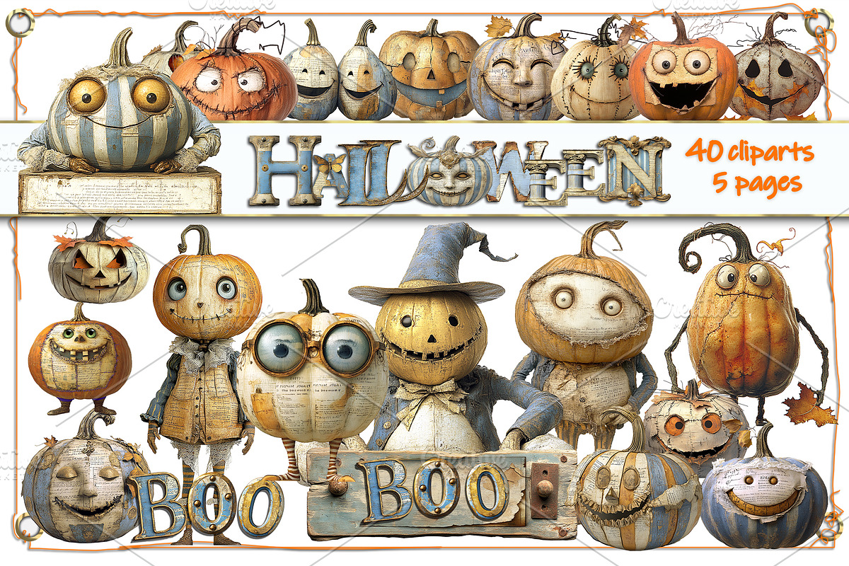 Quirky Halloween Pumpkin Clipart Kit, a Decorative Illustration by Area (Photo 10 of 17)