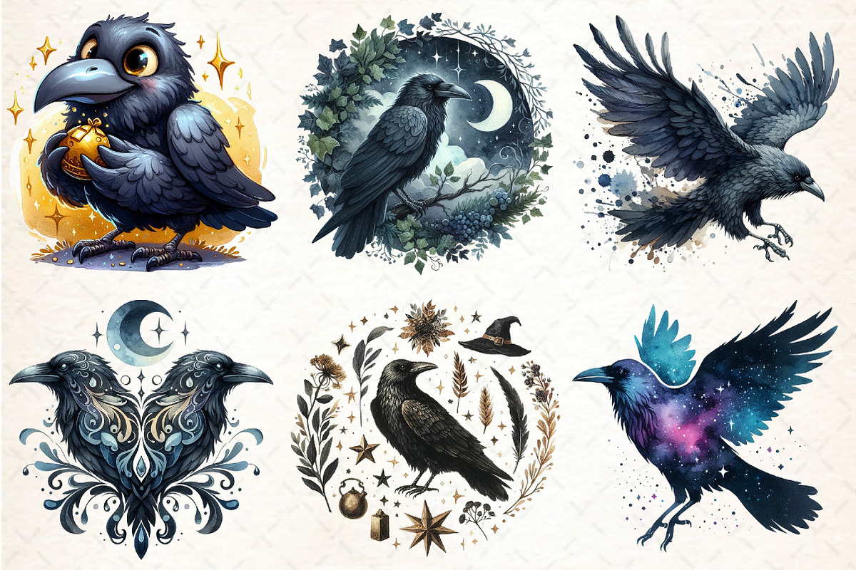Watercolor Raven Clipart, an Illustration by DreamCafeArt (Photo 2 of 6)