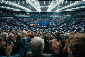 Large audience applauding in a Europ, a Photo by Pixeness Studio