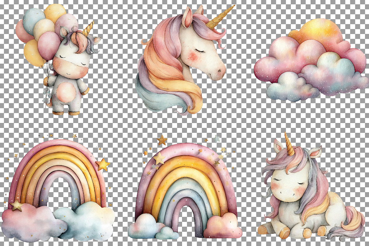 Watercolor Cute Unicorn Clipart, an Illustration by Sublimation Artist (Photo 3 of 7)