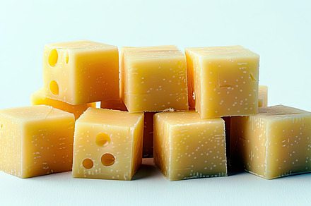 Squares of cheddar with holes agains, a Photo by LOGOCREATIVE