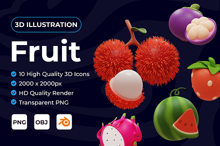 3D Fruits icon pack, a Food & Drink 3D Model by Wira_studio