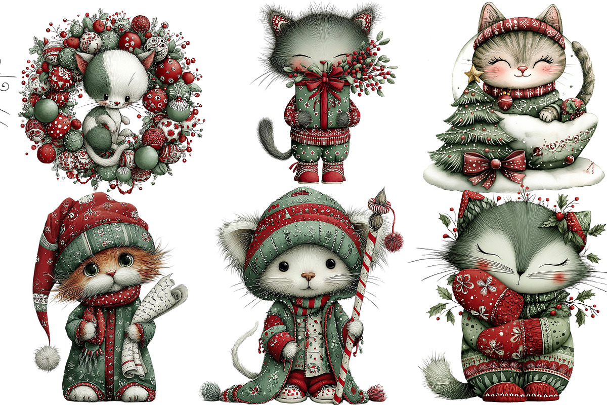 Whimsical Christmas Cats Clipart, an Illustration by DreamArtGraphic (Photo 4 of 4)